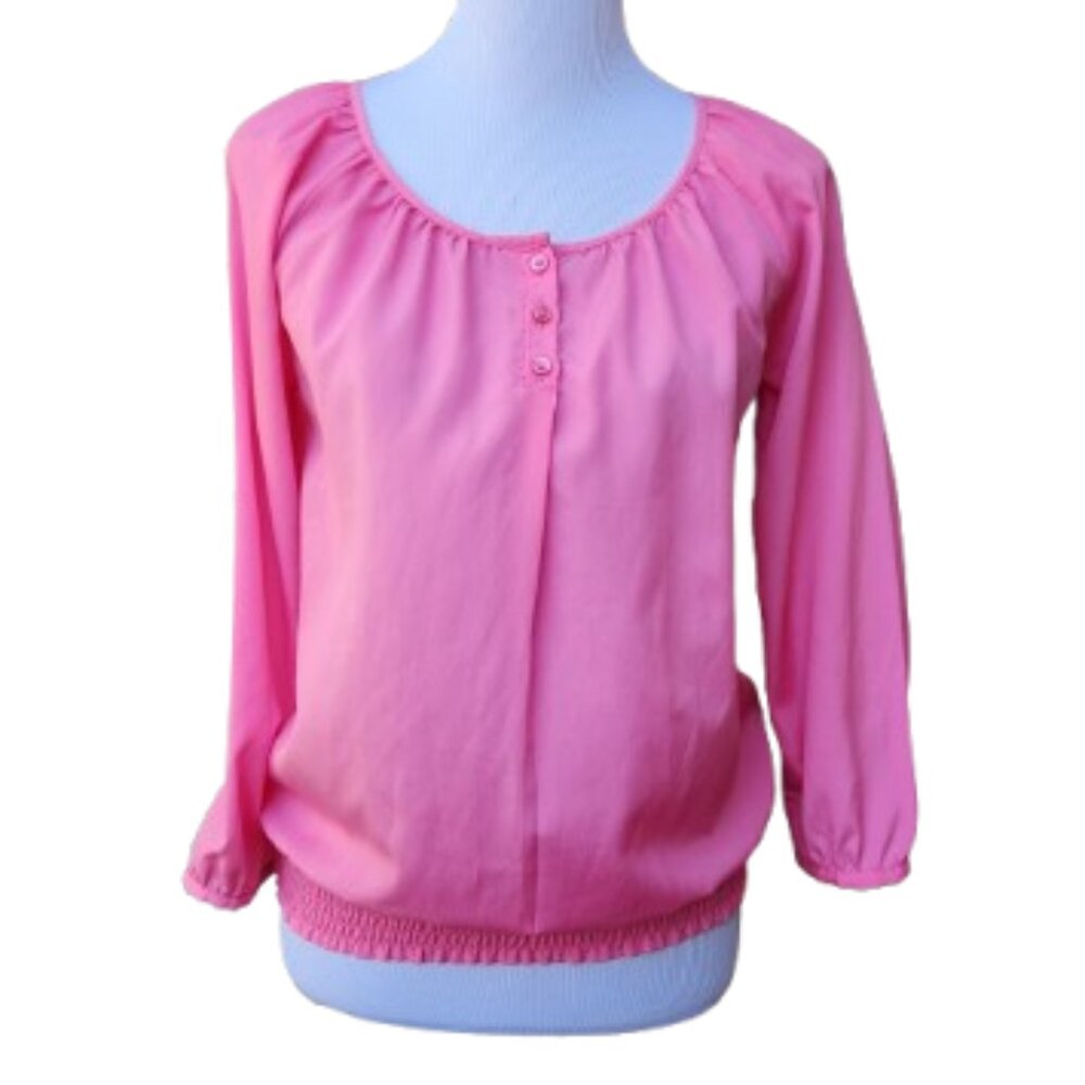 The Limited Pink Blouse Solid Ruched Accents Smocked Hem Dressy